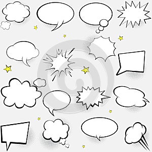 Comic speech bubbles set. Pop art vector label illustration. Vintage comics book poster on white background.